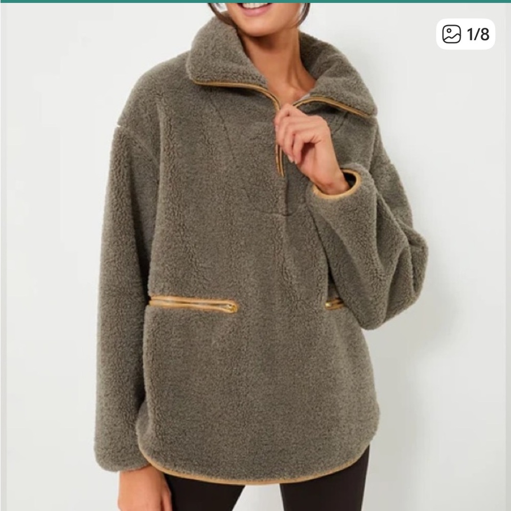Tuckernuck Olive Green Teddy Fleece Pullover Jacket with Tan Trim